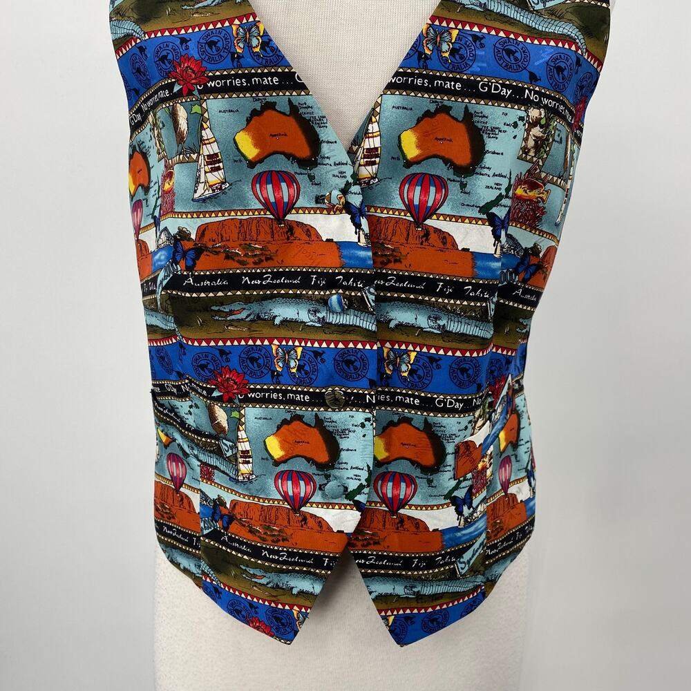 Vintage 90s Nicole Miller Silk Vest Australia Pattern Black Blue Red NEW Large - Picture 6 of 12
